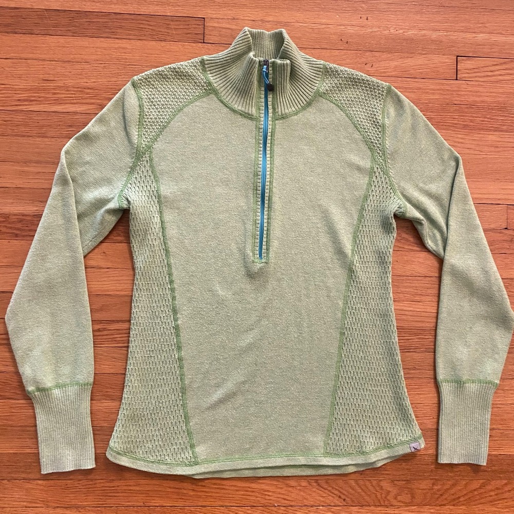 Eddie Bauer Sweater Womens Medium Green Half Zip Pullover Thumb Holes Outdoor